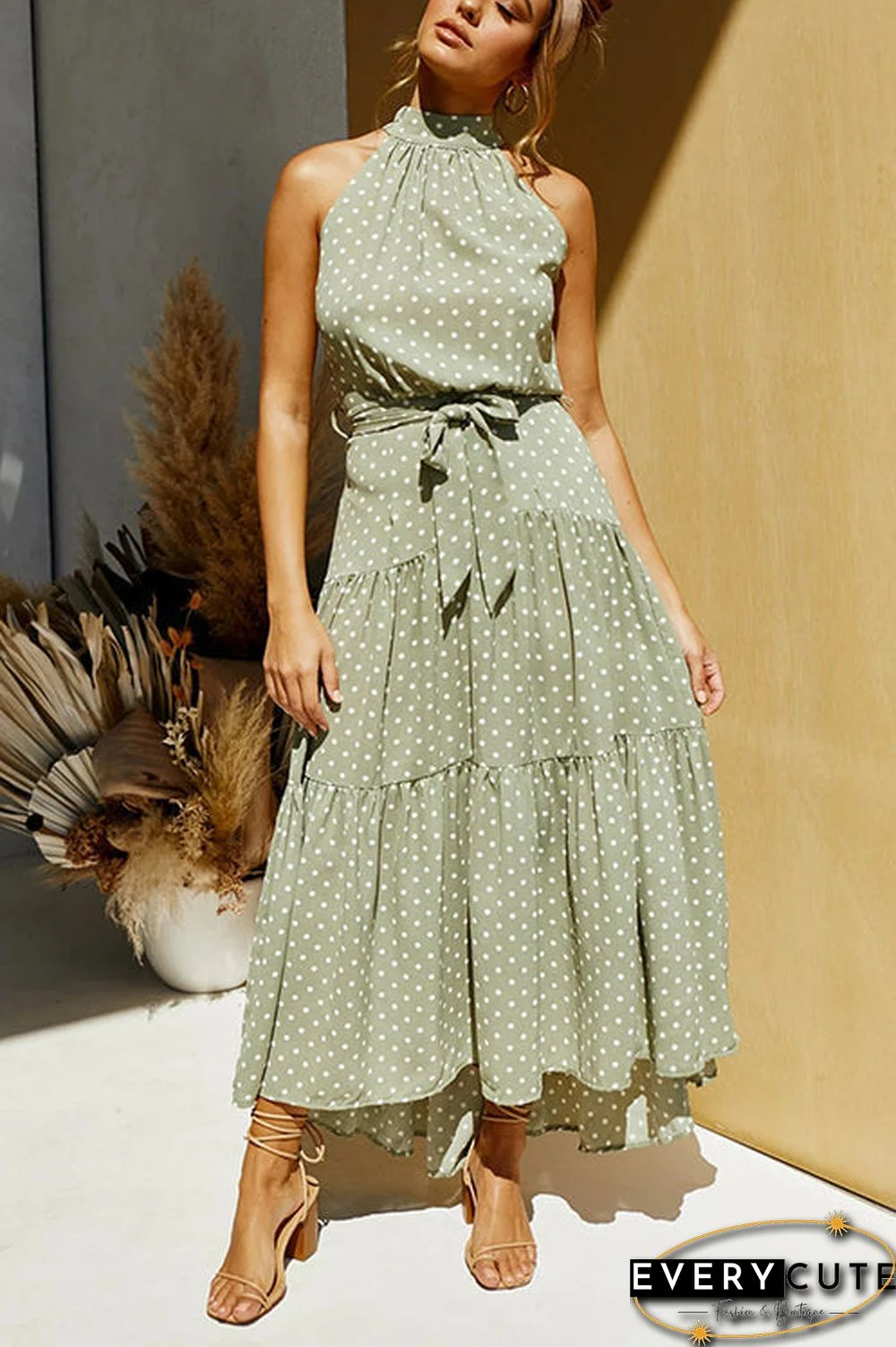 Print Belted Sleevelss Maxi Dress