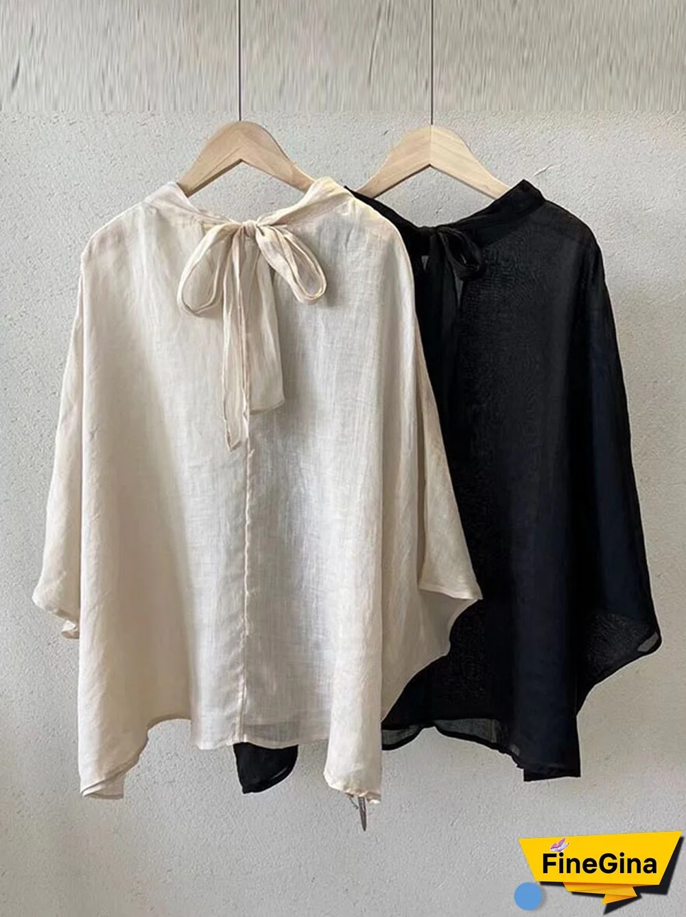 Batwing Sleeves Loose Lace-Up See-Through Solid Color Stand Collar Shirts Tops