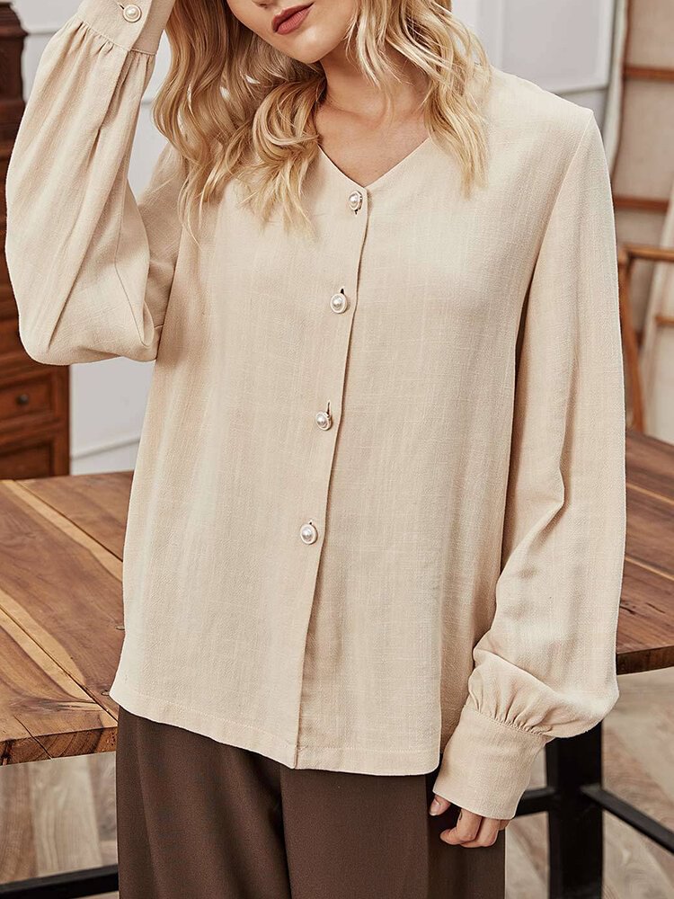 Solid Color Button Long Sleeve V neck Casual Blouse for Women P1787200