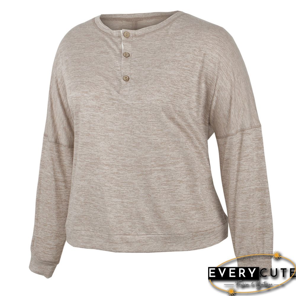 Khaki Button Neck Loose Style Plus Size Tops