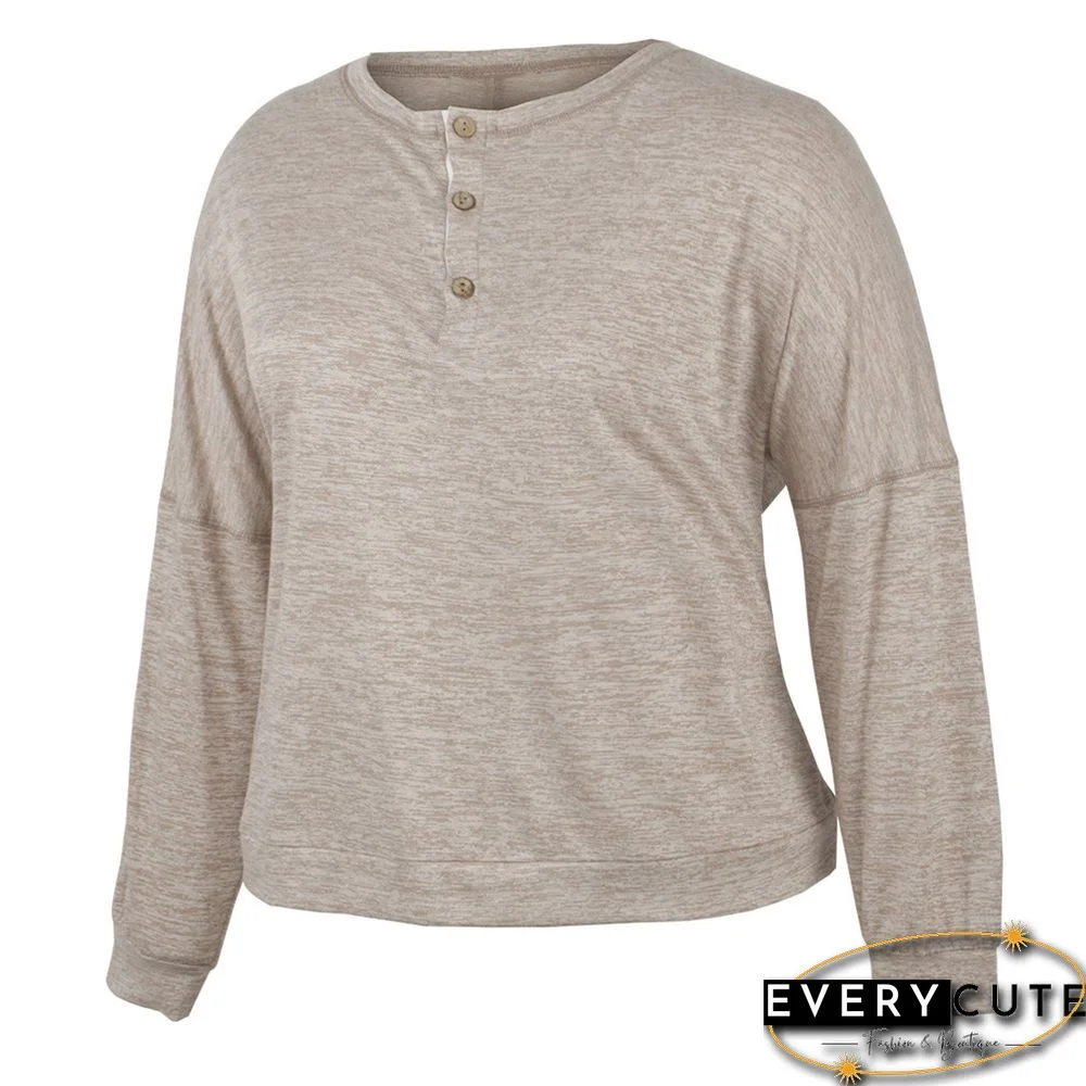 Khaki Button Neck Loose Style Plus Size Tops