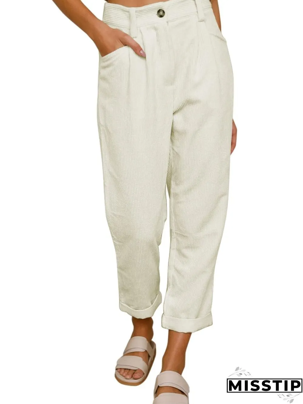 Beige Corduroy High Waist Trousers for Winter Casual Wear