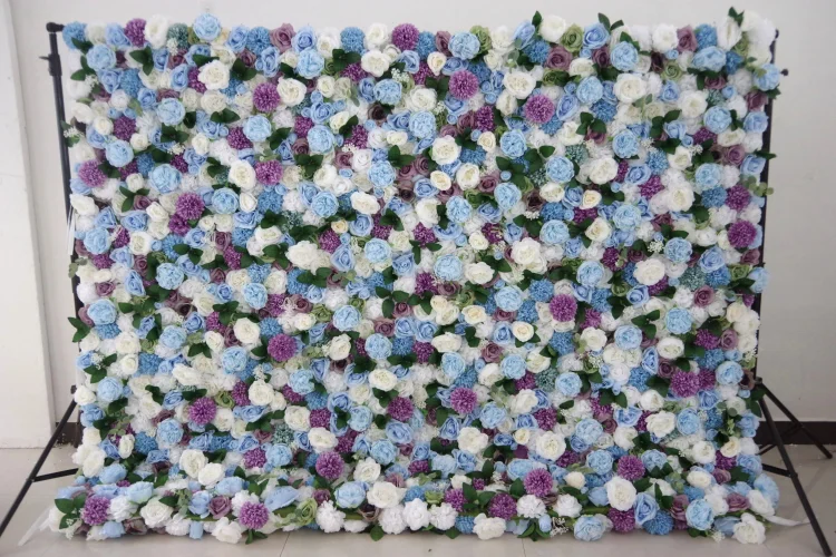 Roll Up Fabric Artificial Mix Purple White and Blue Flower Wall Wedding Backdrop, Floral Party Decor, Event Photography-VF-036