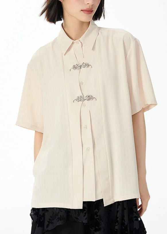 Italian Beige Peter Pan Collar Button Patchwork Chiffon Shirt Top Short Sleeve