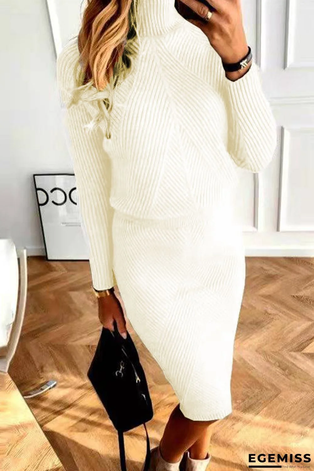 White Casual Solid Basic Turtleneck Long Sleeve Two Pieces | EGEMISS