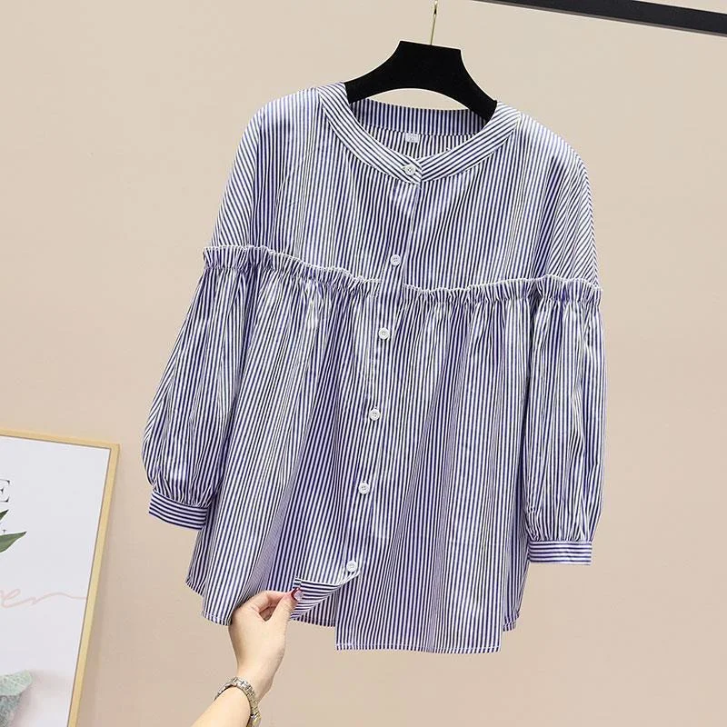 Athvotar Athvotar 2025 Spring And Autumn Korean Version Of The Round-Necked Women's Shirt Age-Old Doll Shirt Fashion Casual Thin Nine-Sleeved Lace Shirt