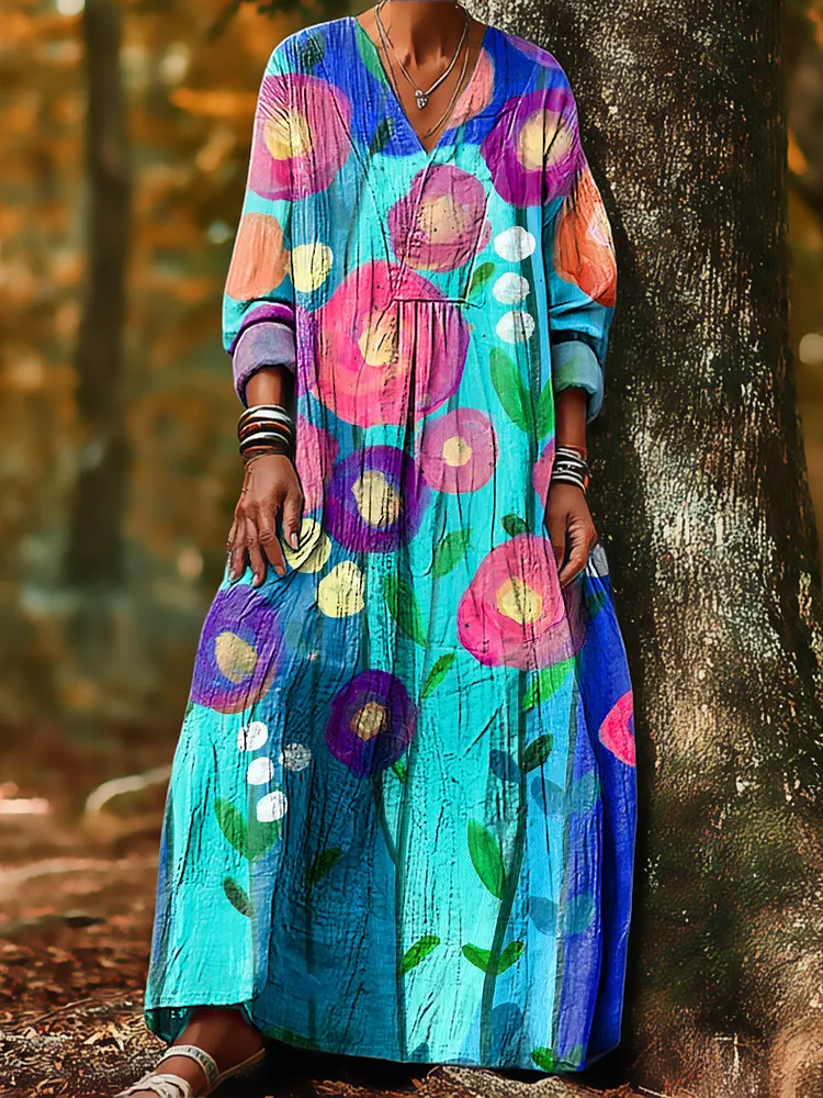 Women's Abstract Colorful Floral Painting Art Print Dress