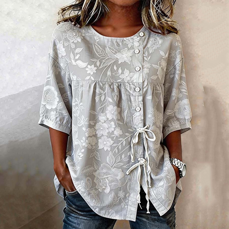 Retro Floral Art Print Casual Cotton Linen Shirt elevenforest