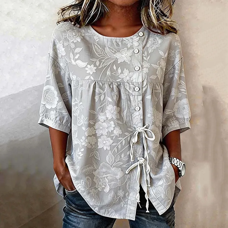 Retro Floral Art Print Casual Cotton Linen Shirt