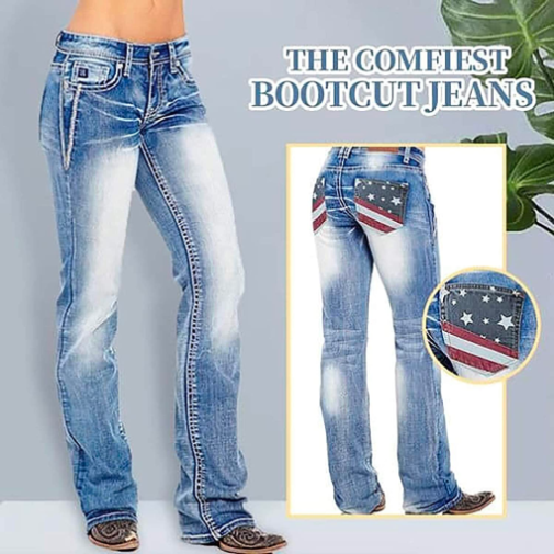 Mounoth-American Flag Stretch Washed Bootcut Jeans
