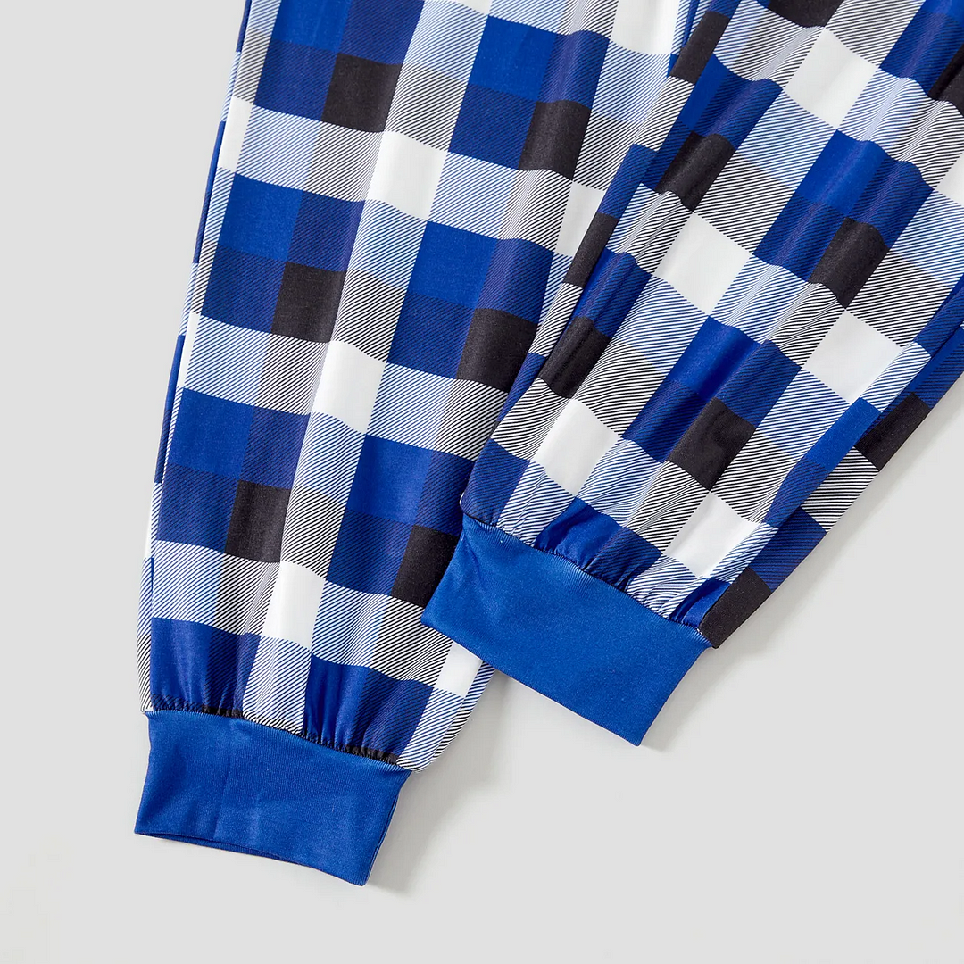 "2024 Family Christmas" Text Printed  Blue and White Plaid Family Matching Pajamas