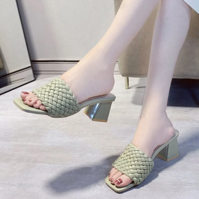 Lucyever Summer Outdoor High Heel Slippers Women Fashion Thick Heels Weave Slides Woman Square Toe Open Toe Sexy High Heels