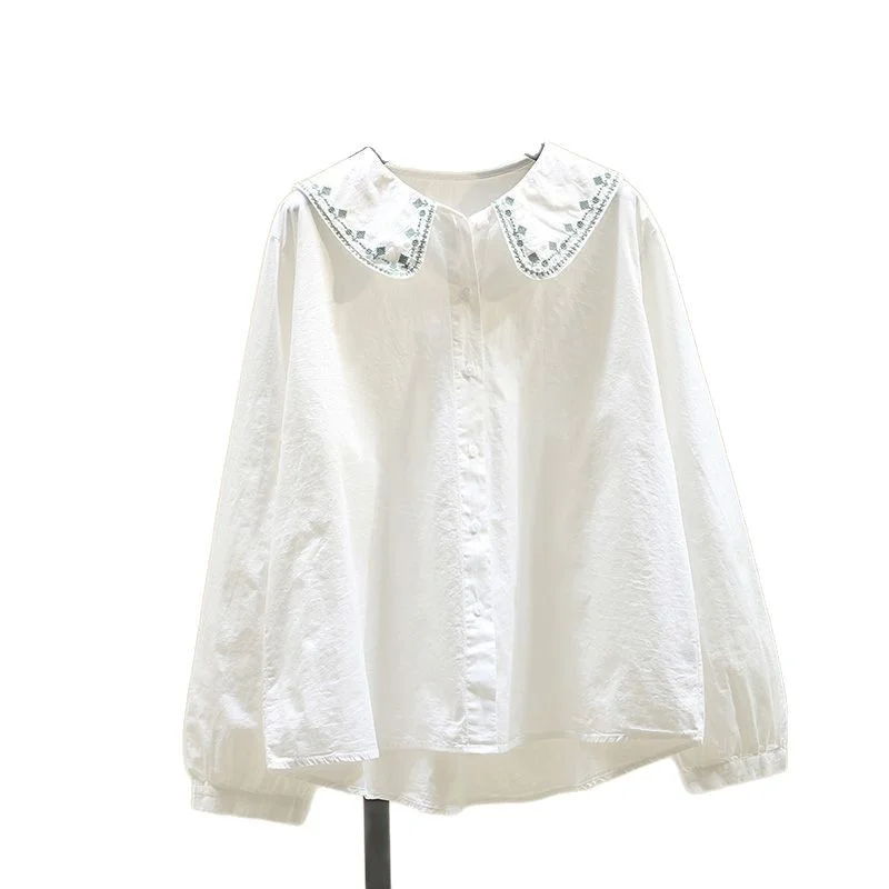 Athvotar Athvotar Embroidered Doll Collar White Shirt Women 2025 New Loose Thin Lantern Sleeve Shirt Top