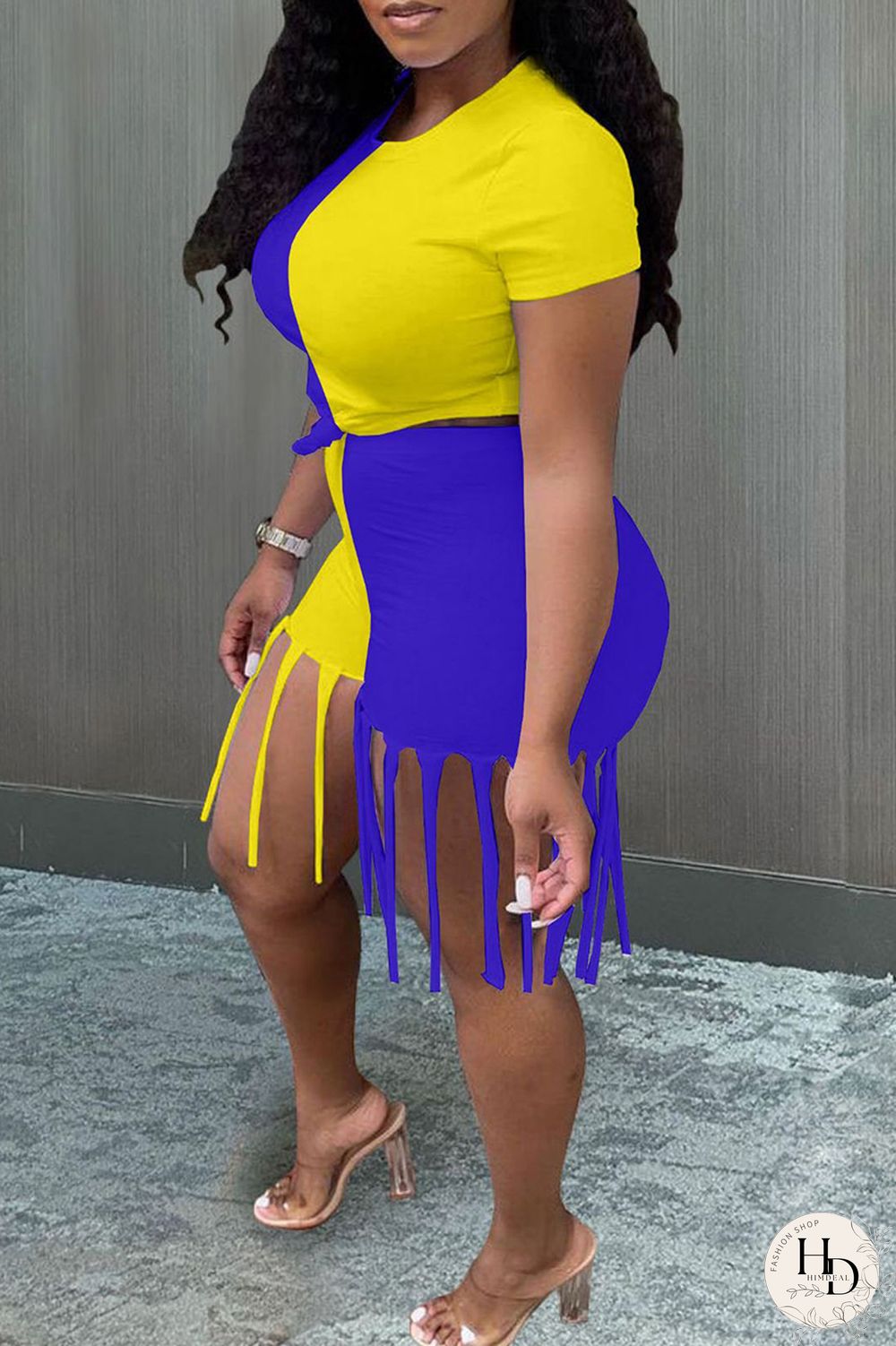 Yellow Blue Fashion Casual Patchwork Tassel O Neck Short Sleeve Two Pieces