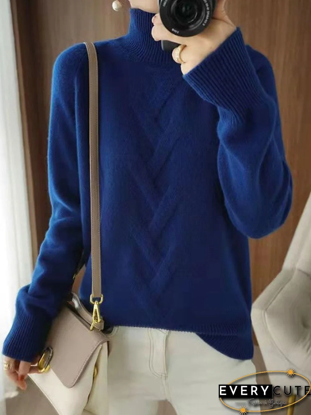 Casual Loose Long Sleeves Solid Color High-Neck Sweater Tops