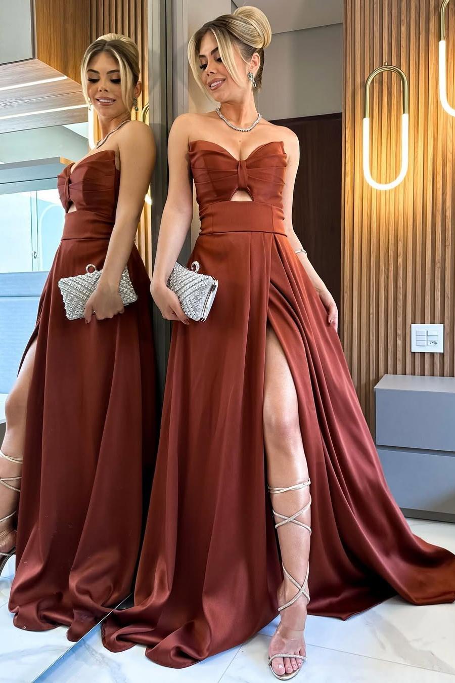 Terracotta Satin V-Neck Strapless Sleeveless Long A-Line Prom Dress With Pleated And High Split | MS0408 Wellcucu