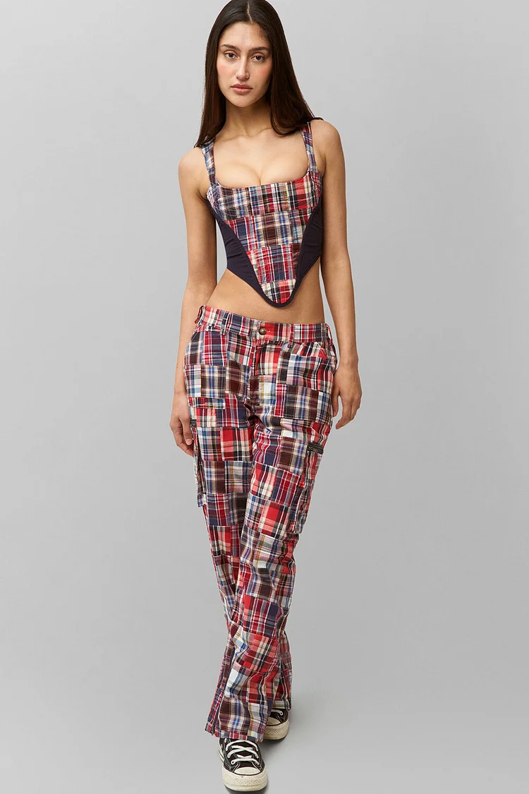 Plaid Print Irregular Crop Cami Straight Leg Pants 2pcs Set-Red [Pre Order]