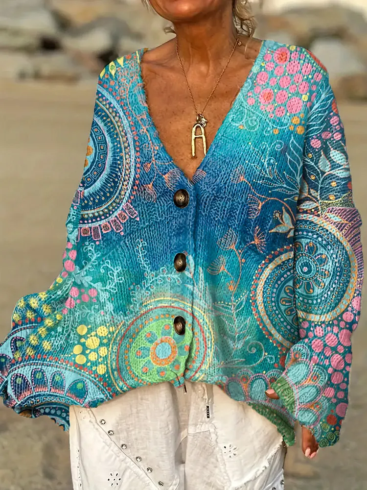 Women's Beautiful Abstract Circular Geometric Floral Painting Art Print Casual Pullover Sweater