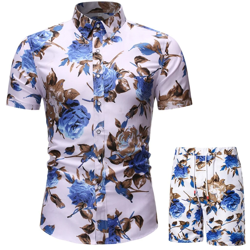 2021 Summer New Men's Casual Suit Korean Slim Short Sleeve Shirt Shorts Mens Beach Suit 2 Piece Set
