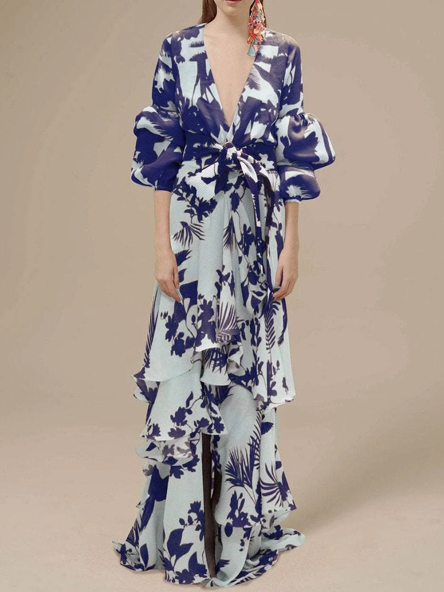 Stylish deep V-neck printed maxi dress