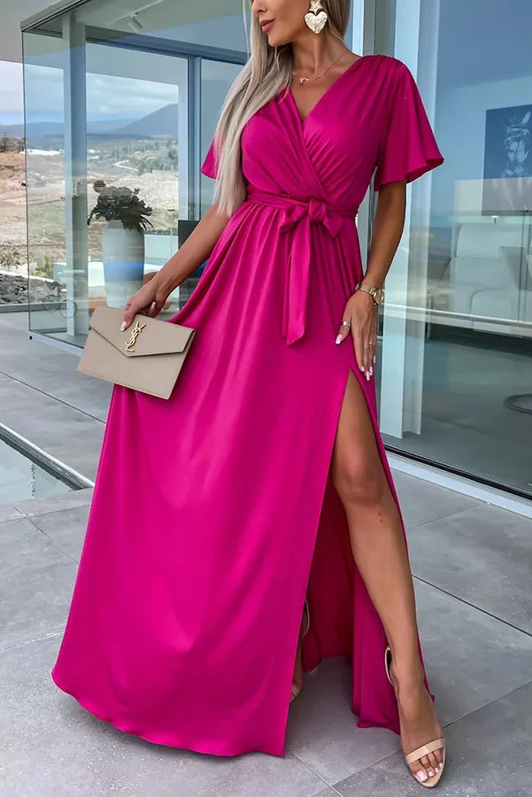 Call Me Confident Glitter Fabric Belted Slit Maxi Dress