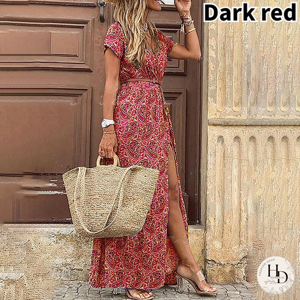 Summer Womens Fashion Retro Floral Elegant Dress Ladies Loose Casual Long One-_piece