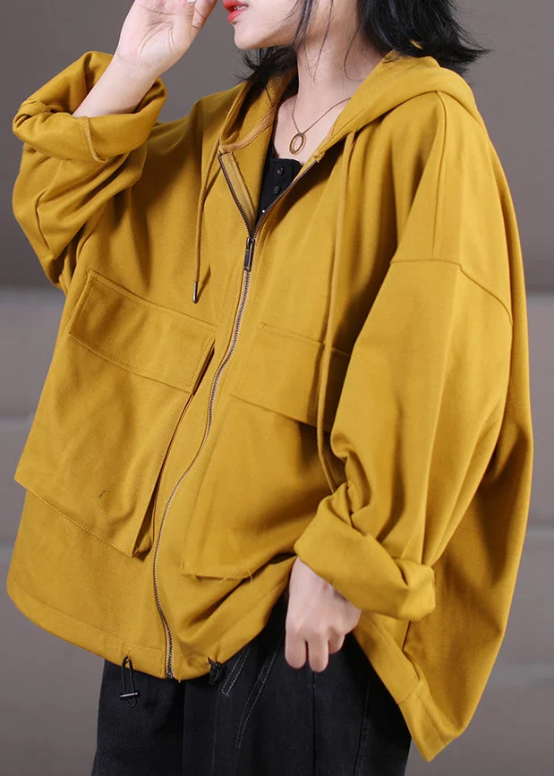 Casual Yellow Zippered Drawstring Cotton Hooded Coat Fall