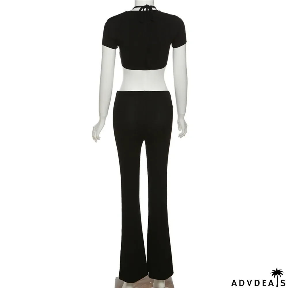 Summer Women's Fashion Halter Neck Sexy Hollow T-Shirt Slim Fit Flare Pants Women Two Piece Set