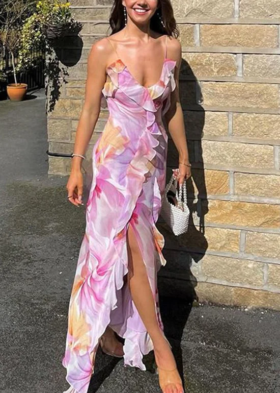 Women Purple Ruffled Print Cotton Spaghetti Strap Dress Summer