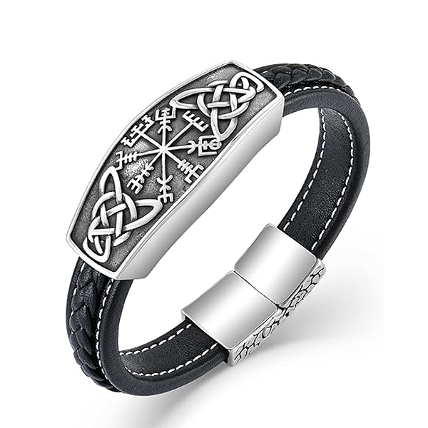 Viking Runes Bracelet Titanium Steel Celtic Knot Leather Bracelets Wrap Vintage Jewelry for Men