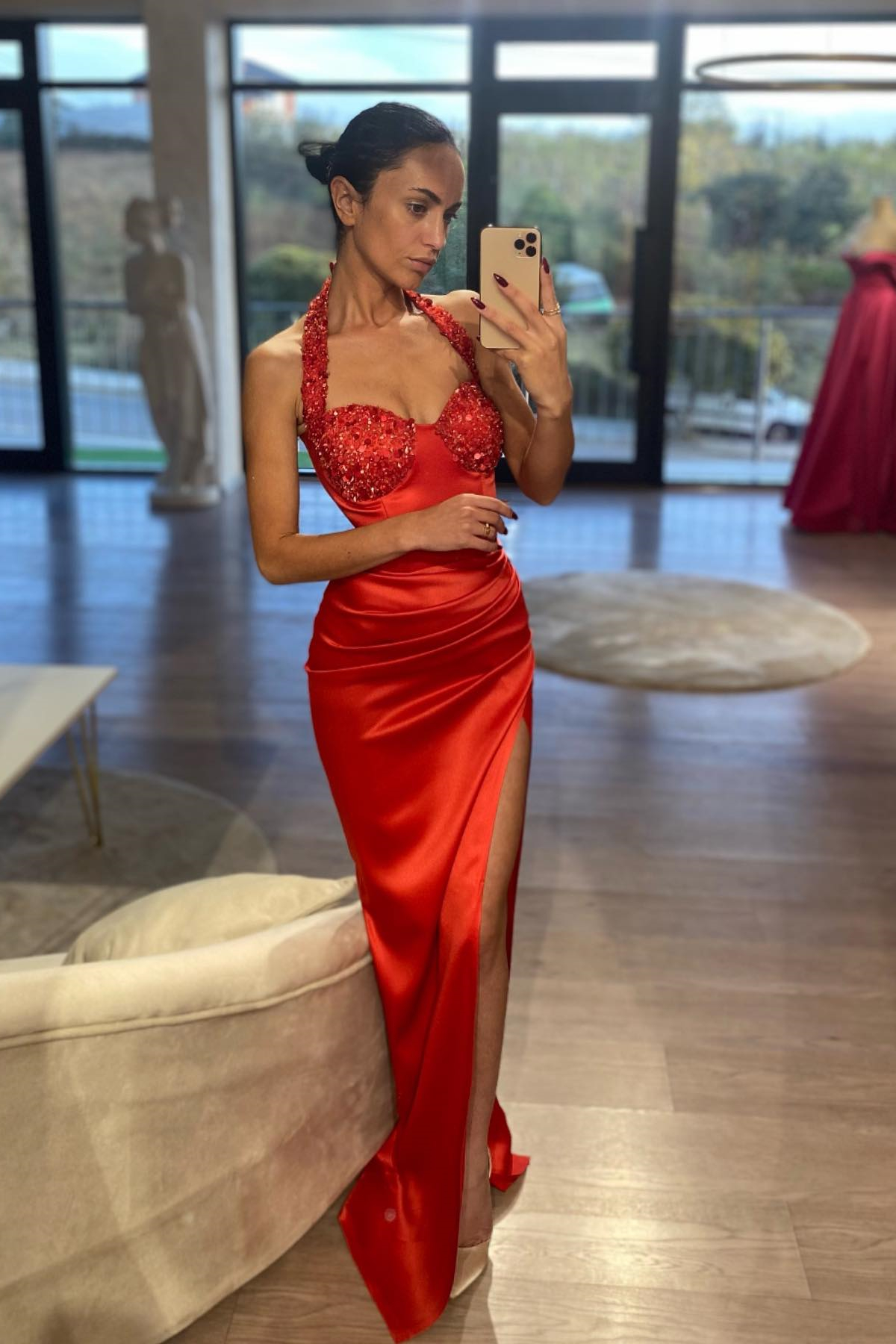 Bellasprom Red Halter Sleeveless Mermaid Prom Dress With Split Sequins Beads Bellasprom