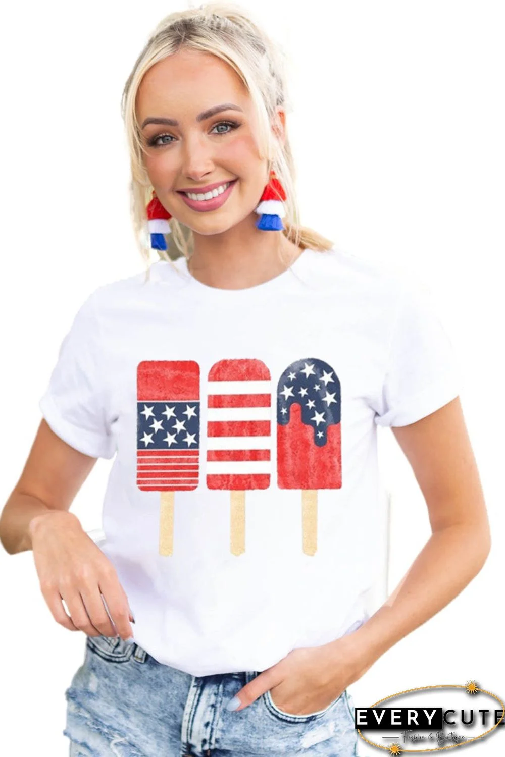 White US Flag Popsicle Graphic Printed Short Sleeve T Shirt