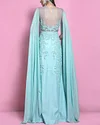 Blue Net Funa Embroidered Cape Sleeve Gown