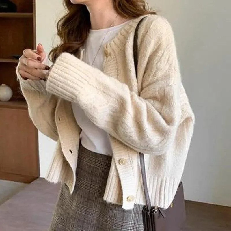 Women Sweaters Korean Fashion Casual Autumn Winter Thick O Neck Long Sleeve Cardigan Solid Knitted Tops Loose Outerwear Femme