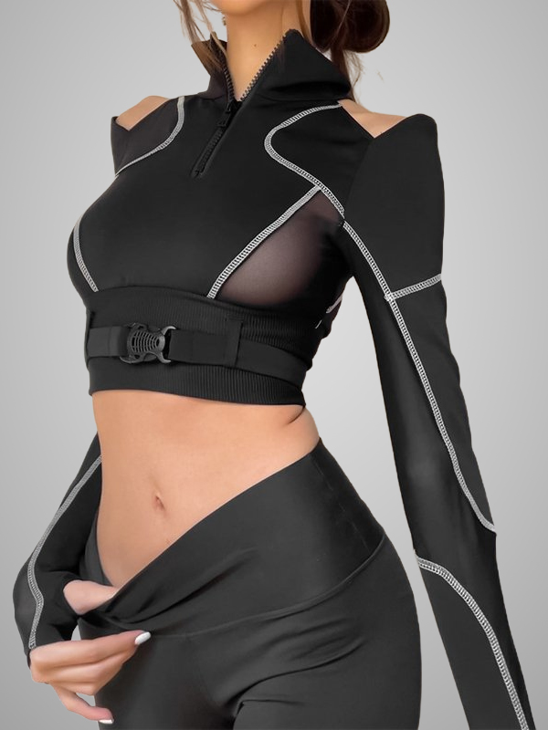 Gothic Dark Paneled See-through Long Sleeve Off Shoulder Midriff Sweatshirt