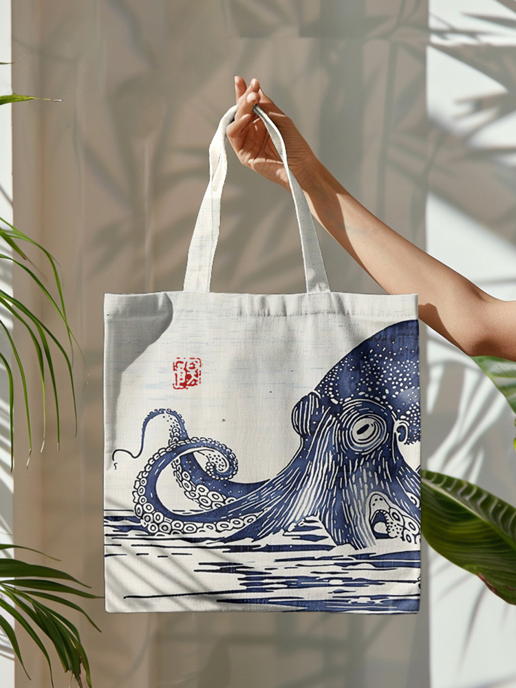 Comstylish Vintage Japanese Art Octopus Graphic Painting Art Canvas Bag