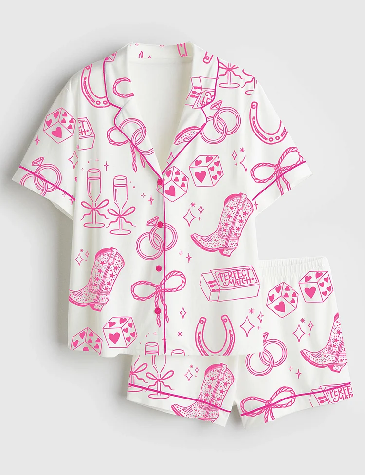 Women&rsquo;s Going To The Chapel Cowgirl Bride Coquette Bridal Bow Floral Wedding Short Sleeve Satin Pajama Set