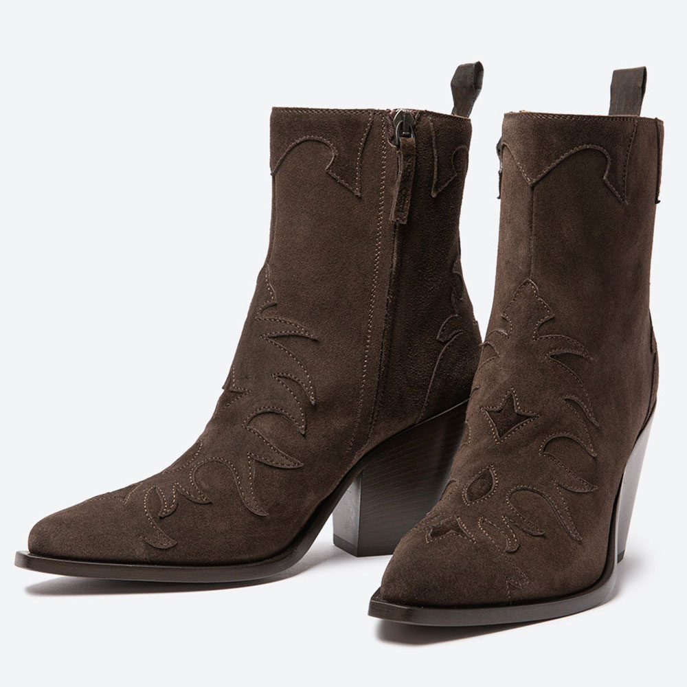 Brown Pointed Toe Chunky Heel Zipper Cowgirl Boots with Decor Inlay Nicepairs