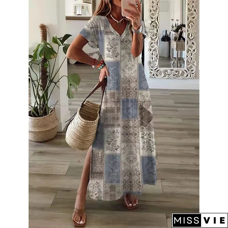 V Neck Ethnic Short Sleeve Plus Size Casual Dresses
