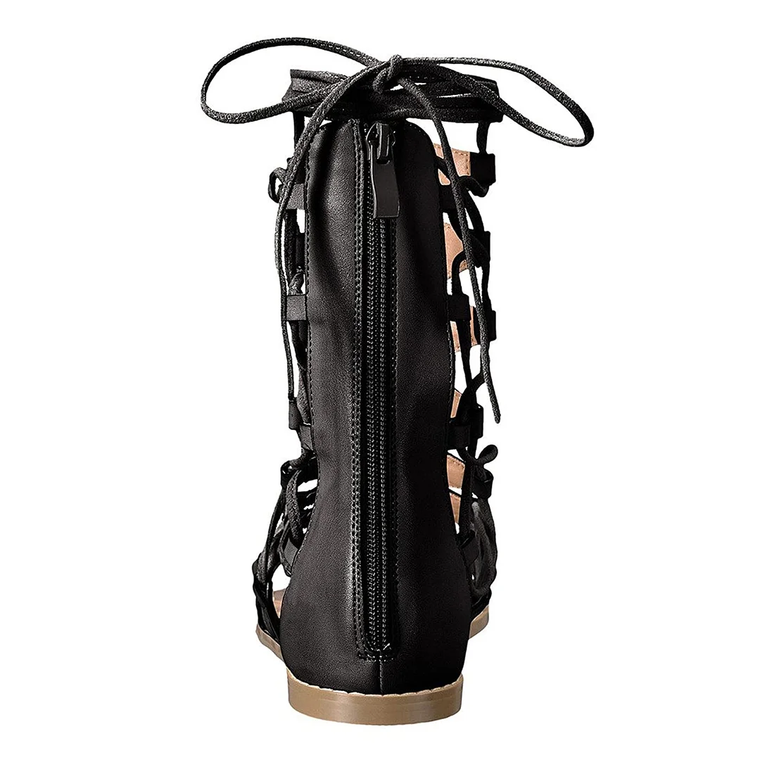 Black Vegan Leather Round Toe Lace-Up Back-Zip Gladiator Flat Sandals
