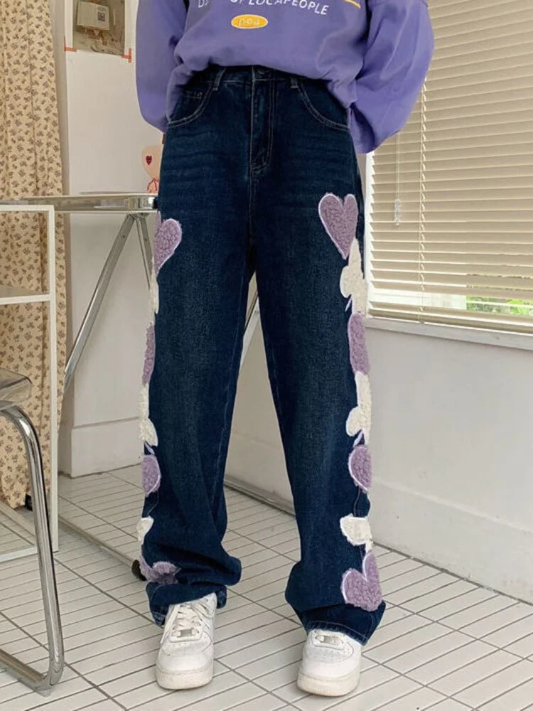 Love Embroidered Jeans Women's High Waisted Jeans New Fattened Loose Straight Mopping Wide-leg Pants Tide Spring and Autumn 2023