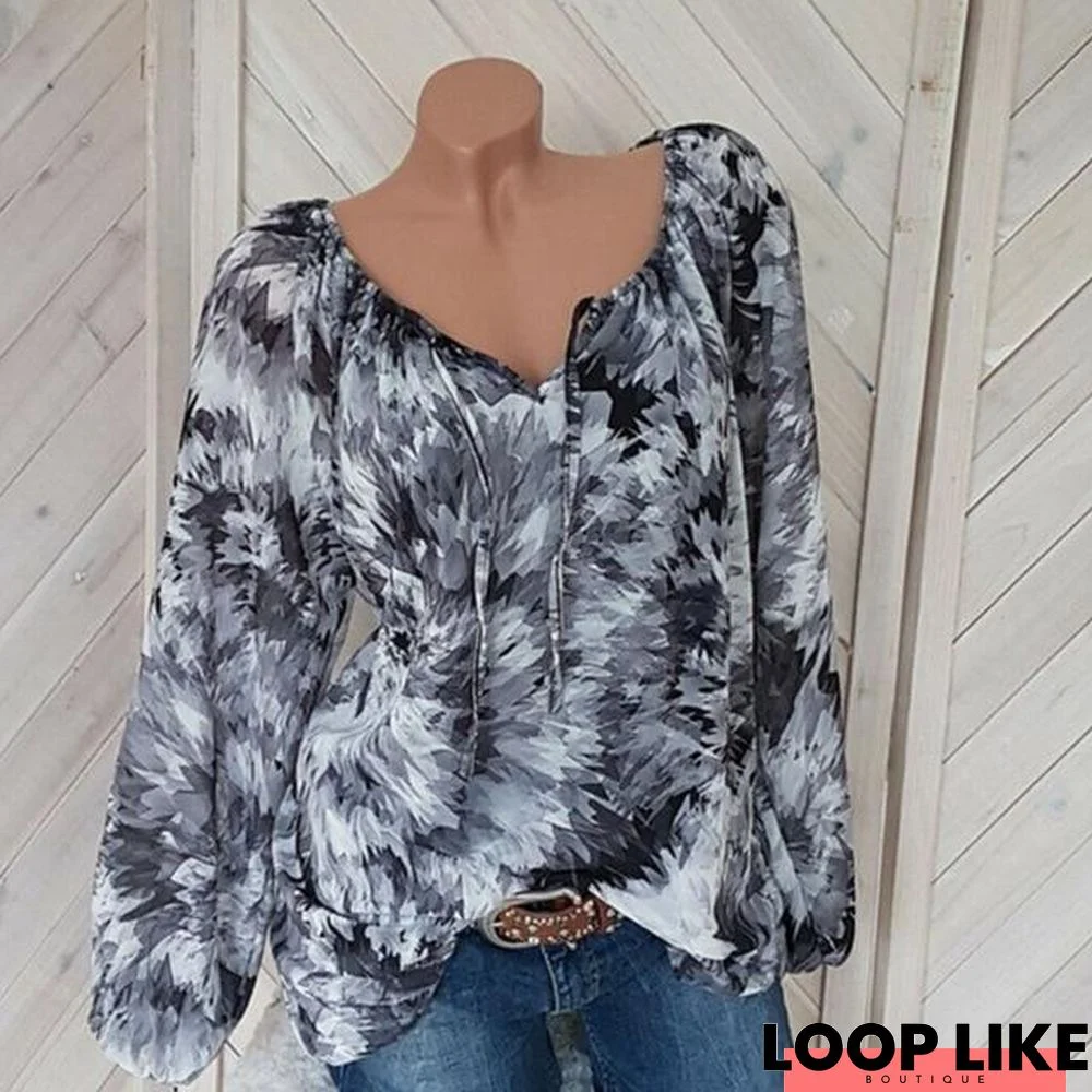 Women Casual V-Neck Blouse Long Sleeve Floral Print Blouse Tops