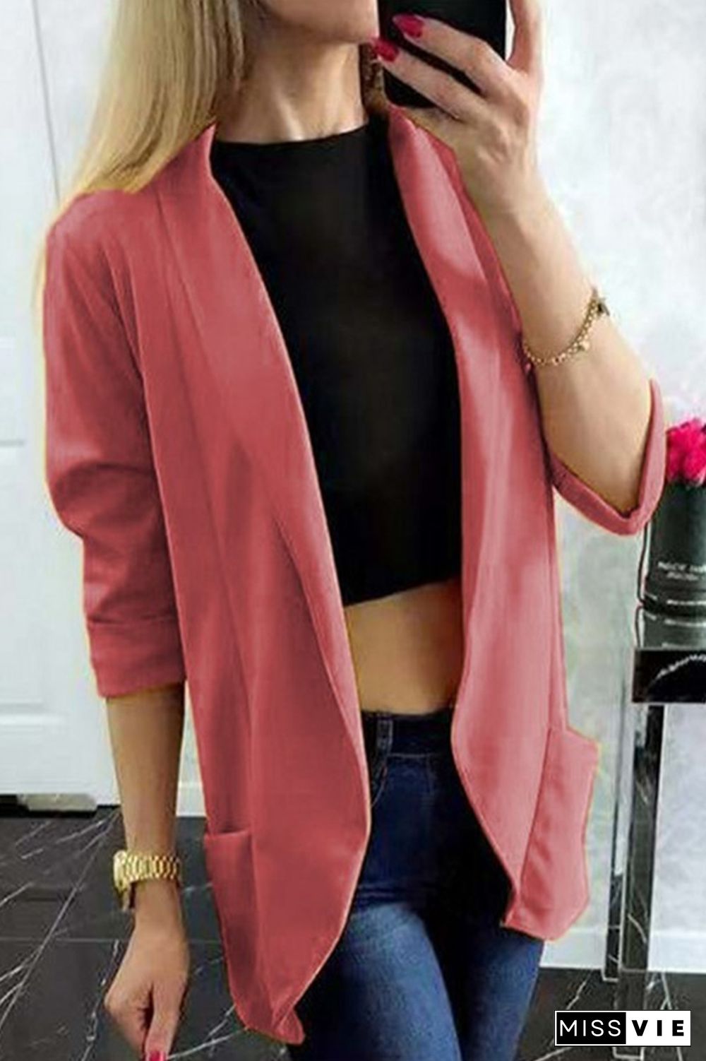 Fashion Casual Solid Split Joint Turndown Collar Outerwear（3 colors）