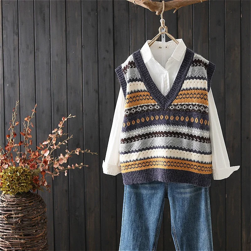 Sweater Vest Women V-neck Print Retro All-match Knit Sleeveless Korean Loose Womens Casual Sweaters Chic Fashion Vintage Leisure
