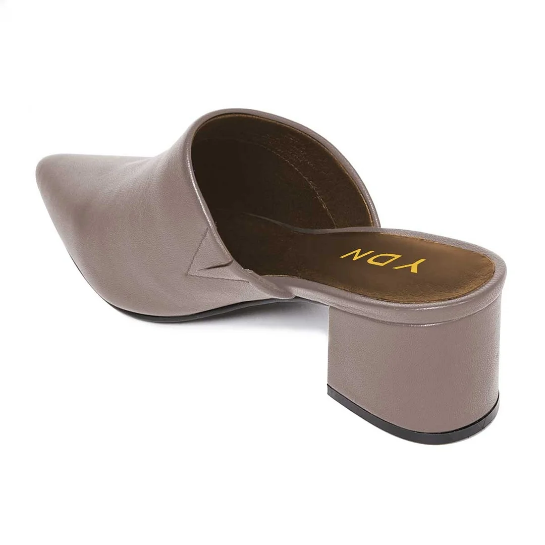 Grey Faux Leather Closed Pointed Toe Comfy Slip On Heeled Mules