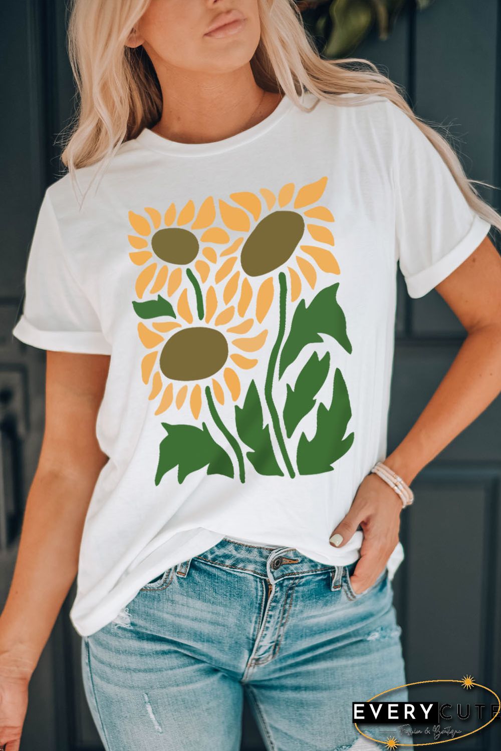 White Sunflower Graphic Print Crew Neck T Shirt