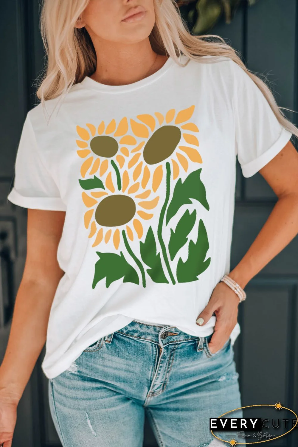 White Sunflower Graphic Print Crew Neck T Shirt