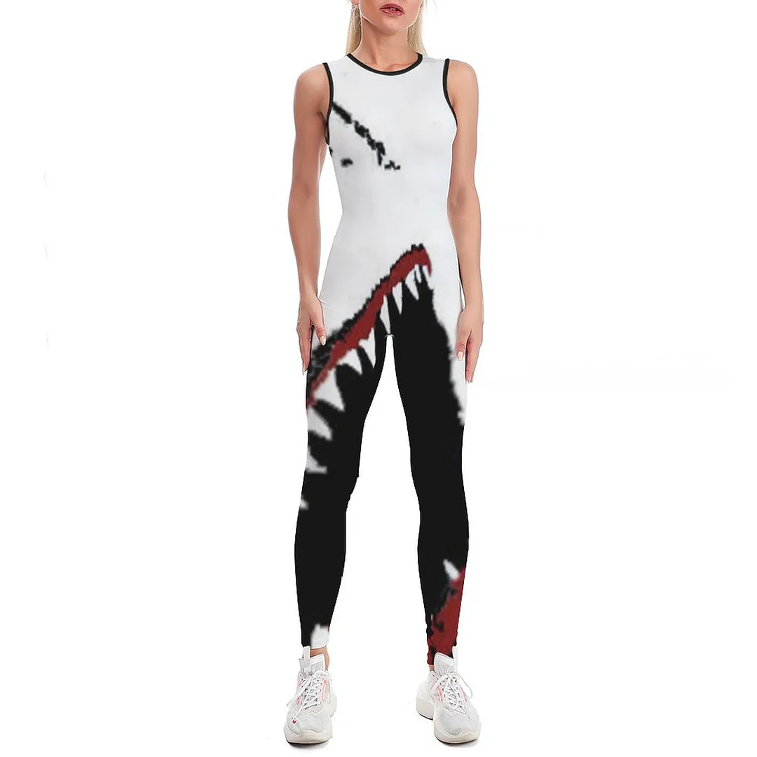 Shark Attack Great White Shark Design Bodycon Tank One Piece Jumpsuits Long Pant Retro Yoga Rompers Playsuit for Women