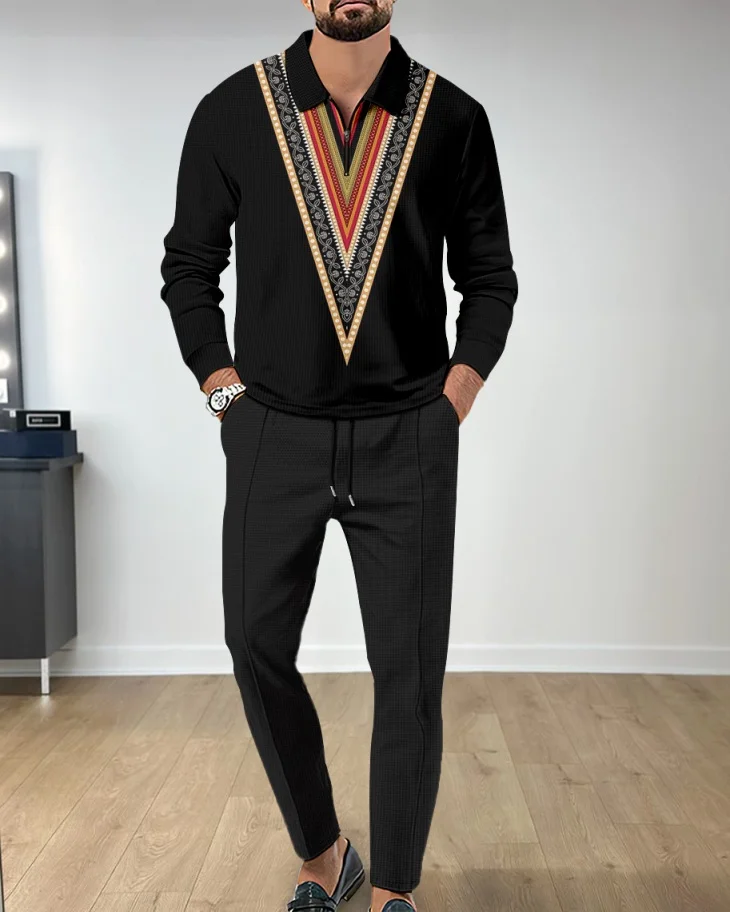 Men's Casual Colorblock Personalized Long Sleeve Polo Shirt Set 127