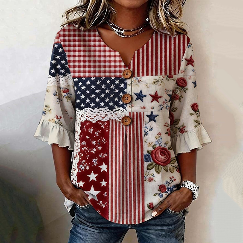 Women's Casual Independence Day Striped Patchwork Floral Print Shirt elevenforest